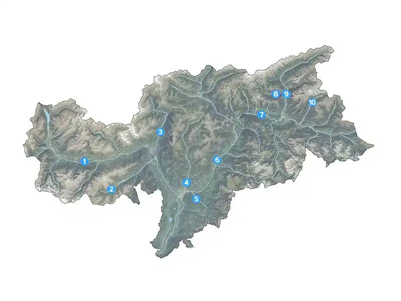 Map of recommended fly-fishing waters across South Tyrol